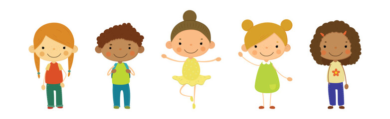 Happy Smiling Children Standing with Friendly Face Vector Set
