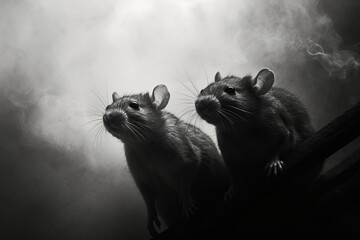 Black and white Photography of Rats in the Fog Carrier of the plague in the Middle AgesGenerative Ai