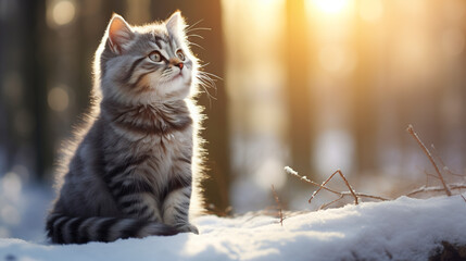 A curious gray kitten explores the snow amid winter scenery. Cute kitten in snow white landscape under daylight. Scene of the magic and delicacy of the season. - obrazy, fototapety, plakaty