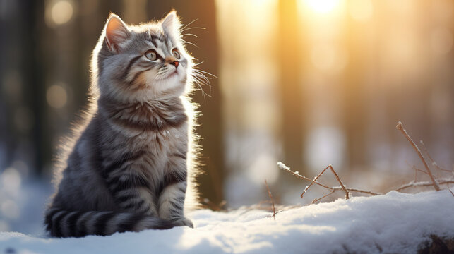 A curious gray kitten explores the snow amid winter scenery. Cute kitten in snow white landscape under daylight. Scene of the magic and delicacy of the season.