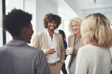 a group of multiracial people take a break in the office having a coffee and sharing moments of companionship, positive atmosphere  in workplace environments concept - obrazy, fototapety, plakaty