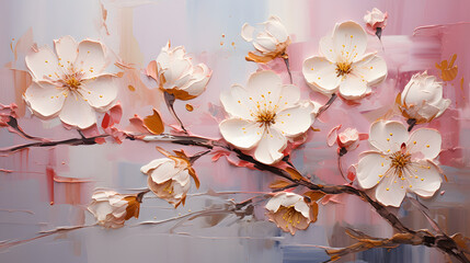 Abstract painted oil acrylic painting of white pink cherry flowers with gold details background...
