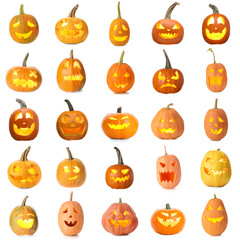 Set of many Halloween pumpkins on white background