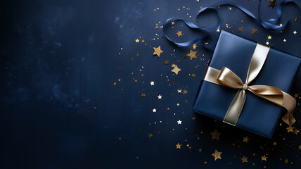 Dark blue gift box with elegant gold ribbon on dark background. Greeting gift with copy space for Christmas present, holiday or birthday - 656034241