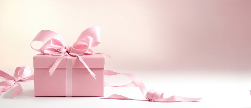 A pink gift present box with bow and ribbon for romantic vibe. Valentine's day, birthday, anniversary, christmas. Copy space for text, advertising, message, logo