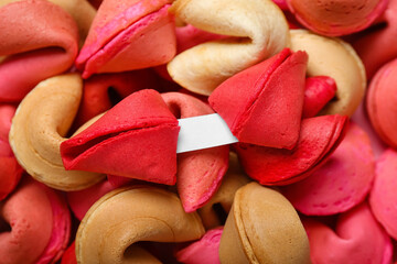 Many different fortune cookies with piece of paper as background