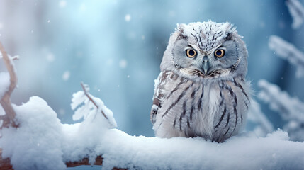 A curious little owl explores the snow amidst a winter scene. Cute little owl in snow white landscape under daylight. Scene of the magic and delicacy of the season.