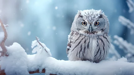 Tableaux ronds sur aluminium Dessins animés de hibou A curious little owl explores the snow amidst a winter scene. Cute little owl in snow white landscape under daylight. Scene of the magic and delicacy of the season.