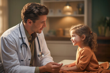 Fototapeta premium A young patient receiving care from a compassionate doctor in a children's hospital, ensuring a comforting and supportive healthcare experience.