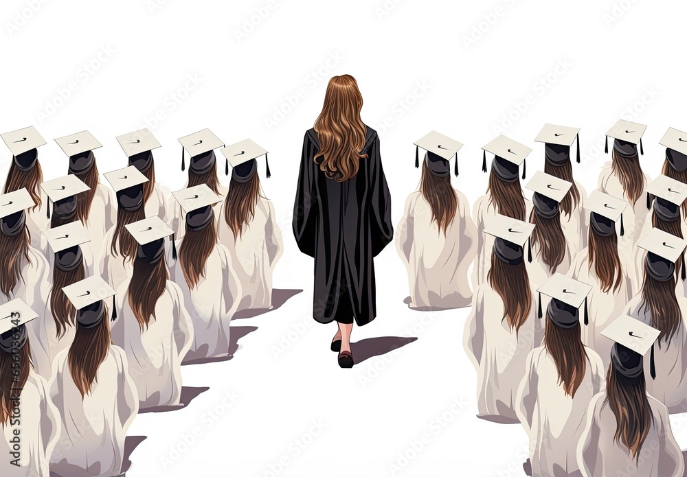 Wall mural A graduate of a university, college or school receives his or her degree at a graduation ceremony. A crowd of students. Digital art in black and white.