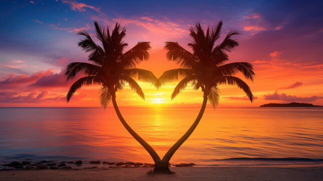 heart shaped palm trees on a tropical beach with sea background and sunset