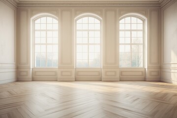 Bright Empty Hall with large Light-flooded Windows and Light Parque Floor  Generative Ai
