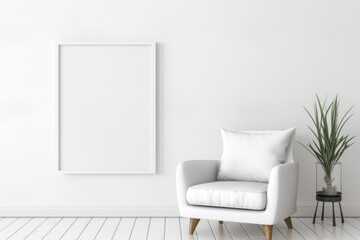 Blank White Picture Frame on White Wall with white chair Generative Ai