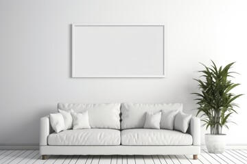 Blank Picture Frame on White Wall in Colorless Interior Room Generative Ai
