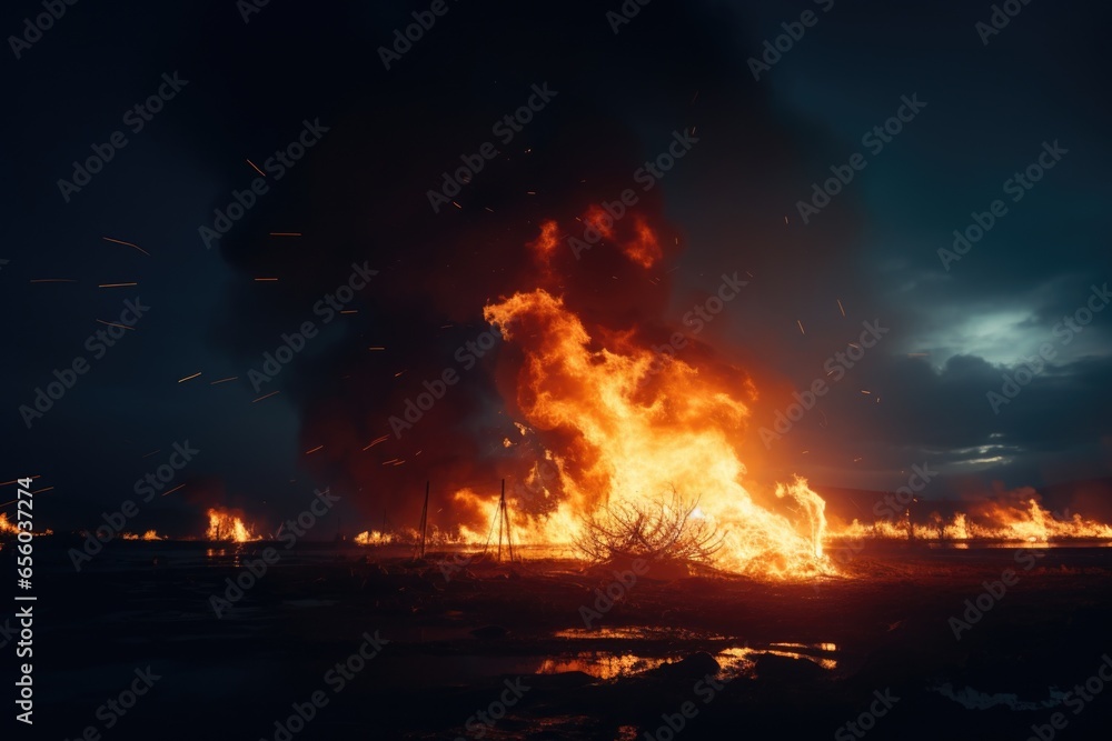 Aufkleber A picture of a large fire burning in the middle of a field. This image can be used to represent destruction, danger, or a controlled burn. It can also be used in articles or blogs discussing fire safe