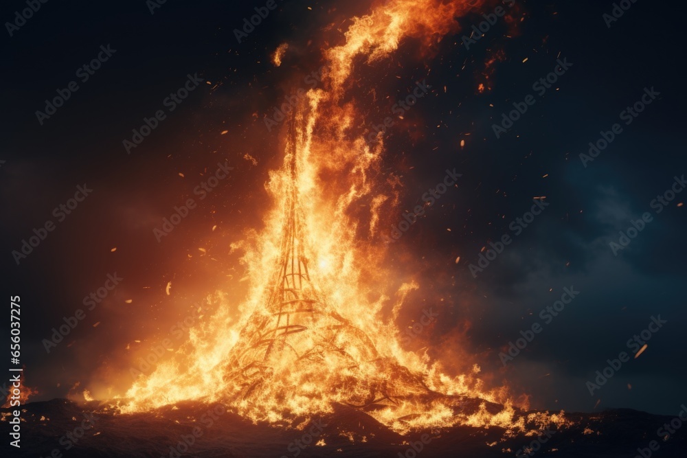 Poster a towering inferno engulfs a very tall tower, creating a dramatic scene of destruction and danger. t
