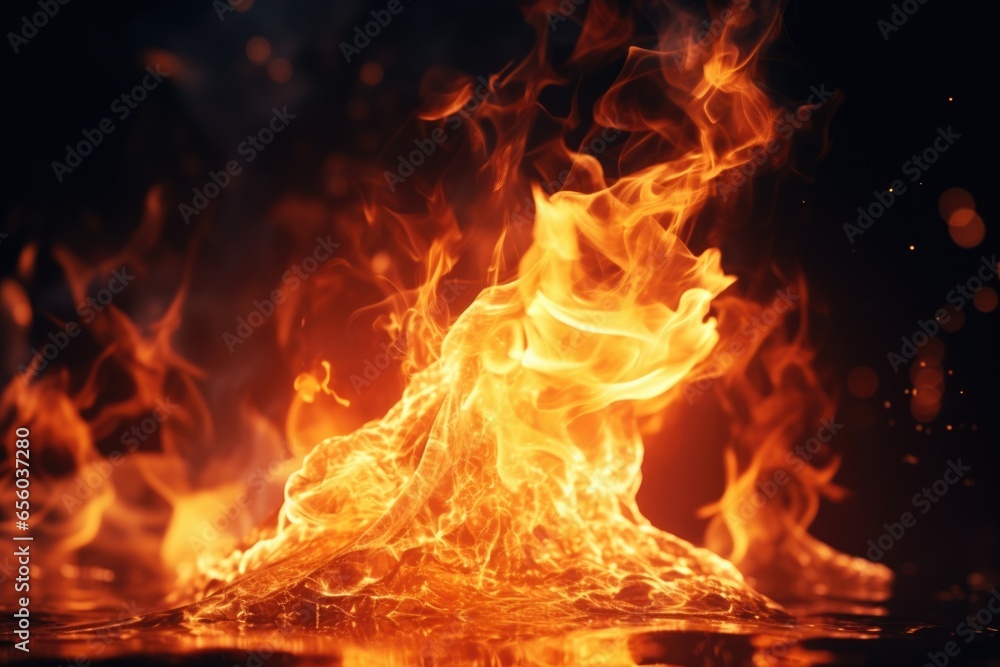 Poster a close-up view of a fire burning brightly against a black background. this image can be used to dep