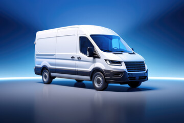 Modern white cargo van front right side corner angle view, in blue studio background with copy space