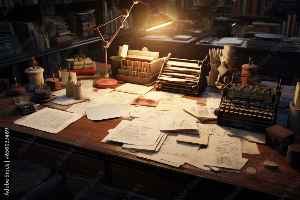 Poster a cluttered wooden desk with numerous papers and a lamp. ideal for illustrating a busy work environm