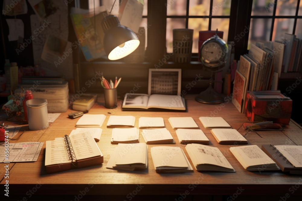 Poster A wooden desk adorned with numerous open notebooks, ready for writing and brainstorming. Ideal for creative projects and study materials.