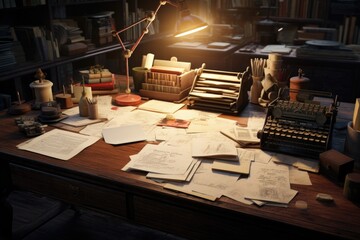 A cluttered wooden desk with numerous papers and a lamp. Ideal for illustrating a busy work environment or a home office setup.