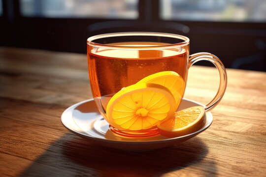 A cup of tea with a slice of lemon placed on a saucer. This image can be used to depict relaxation, refreshment, or a cozy tea time. Perfect for advertising, blog posts, or social media content relate