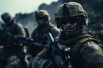 Naklejka premium A group of soldiers walking through a rocky area. This image can be used to depict military training, outdoor exploration, or a rugged landscape.