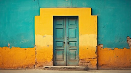 The dilapidated wall of the building and the wooden door require major repairs. Facade of a house with damaged plaster. Photophone for retro shooting. Illustration for cover, card, interior design.