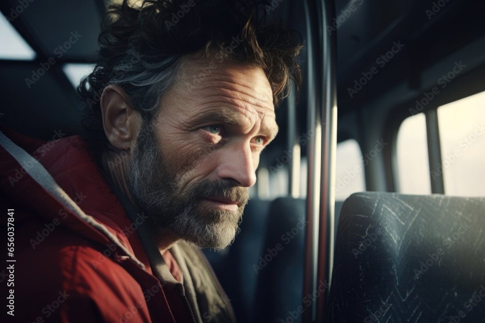 Poster a man is depicted sitting in a bus and gazing out the window. this image can be used to convey a sen