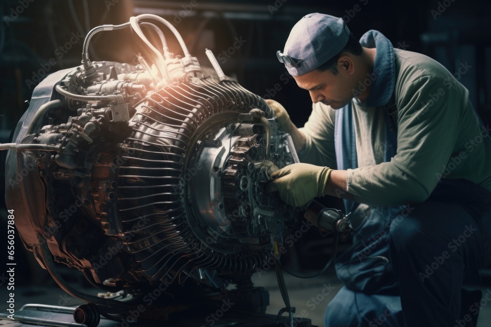 Poster a man is shown working on a jet engine in a factory. this image can be used to depict the manufactur