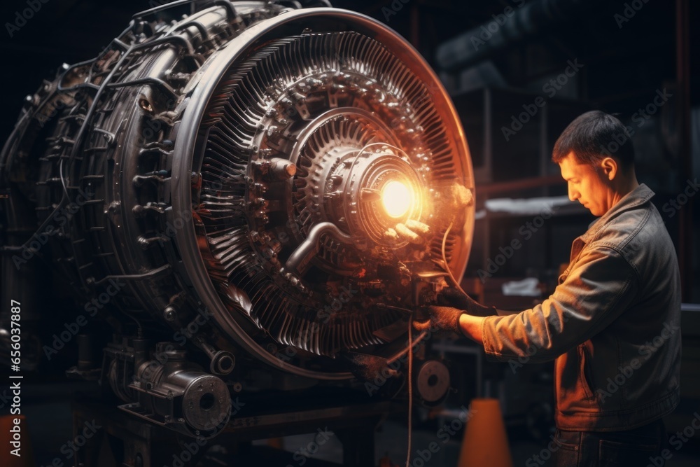Poster a man is shown working on an engine in a factory. this image can be used to depict industrial work, 