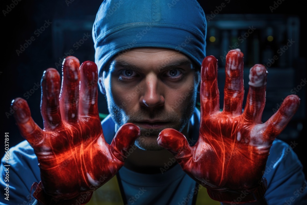 Poster a picture of a man with red paint on his hands. this image can be used to depict creativity, artistr