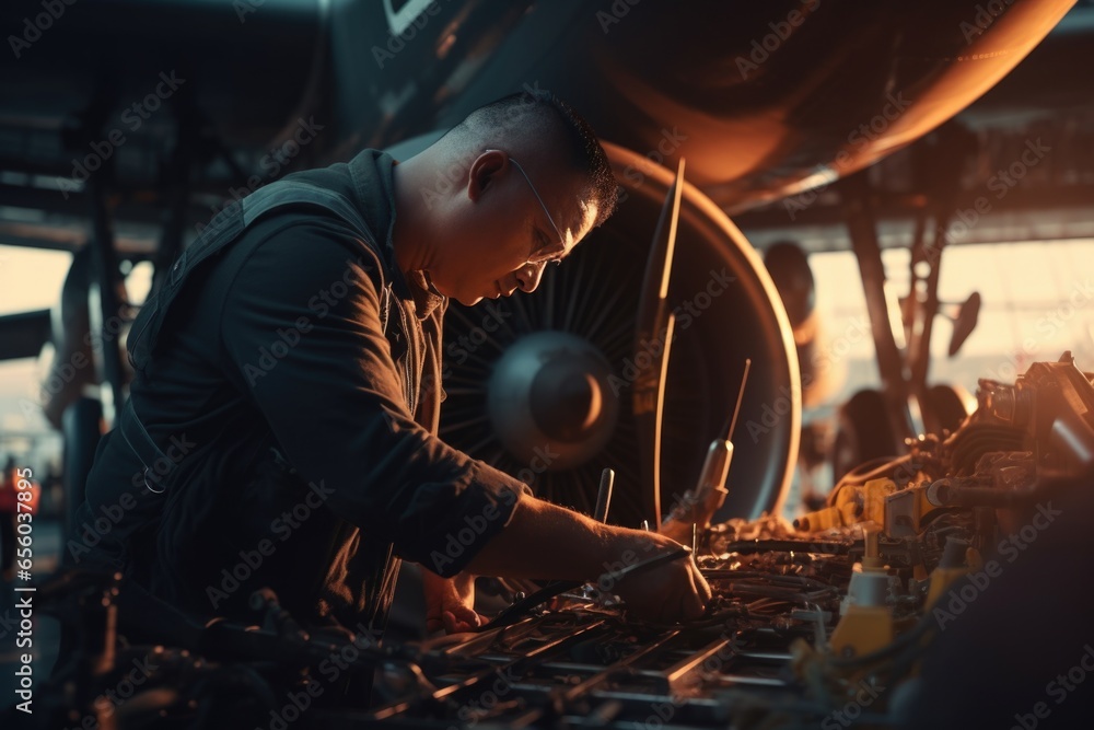 Poster A man can be seen working on a machine in a factory. This image can be used to depict industrial work, manufacturing, or the concept of productivity in a factory setting.