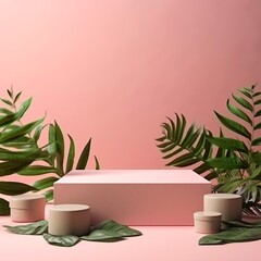 Cosmetic background with geometric shapes on a pink backdrop. Two cubic podiums and green leaves. Abstract background. Mockup for the demonstration of cosmetic products. Made with generative ai.