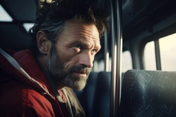 A man is depicted sitting in a bus and gazing out the window. This image can be used to convey a sense of reflection, contemplation, or simply the act of observing one's surroundings.
