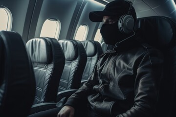 A man sitting in an airplane wearing headphones. This image can be used to illustrate travel, technology, or leisure activities.
