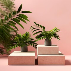 Cosmetic background with geometric shapes on a pink backdrop. Two cubic podiums and green leaves. Abstract background. Mockup for the demonstration of cosmetic products. Made with generative ai.
