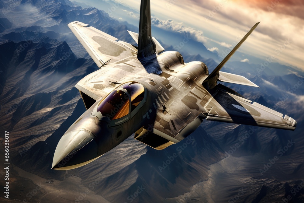 Poster a fighter jet soaring through the sky over a majestic mountain range. this image captures the power 