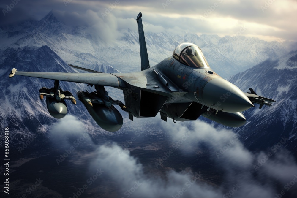Poster a powerful fighter jet soars through the sky above a majestic mountain range. this dynamic image cap