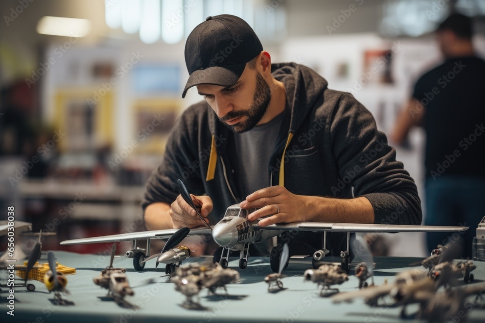 Poster a man is shown diligently working on a model airplane. this image can be used to depict hobbies, cra