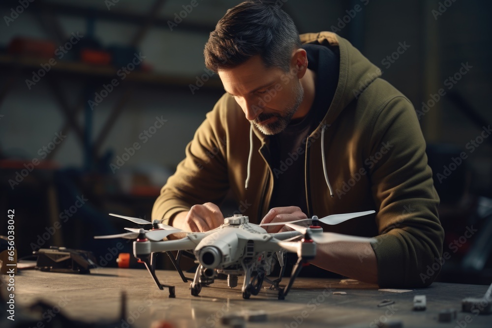 Poster A man is diligently working on a model of a helicopter. This image can be used to illustrate hobbies, craftsmanship, or the concept of attention to detail.
