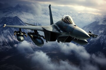 A powerful fighter jet soars through the sky above a majestic mountain range. This dynamic image captures the thrill and power of military aviation. Perfect for illustrating air force operations, avia
