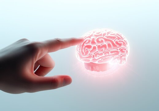 The concept of artificial intelligence. The hand presses the button. An abstract button designed as a glowing brain. Turn on your brain and mind energy. Technologies of the future. Illustration.