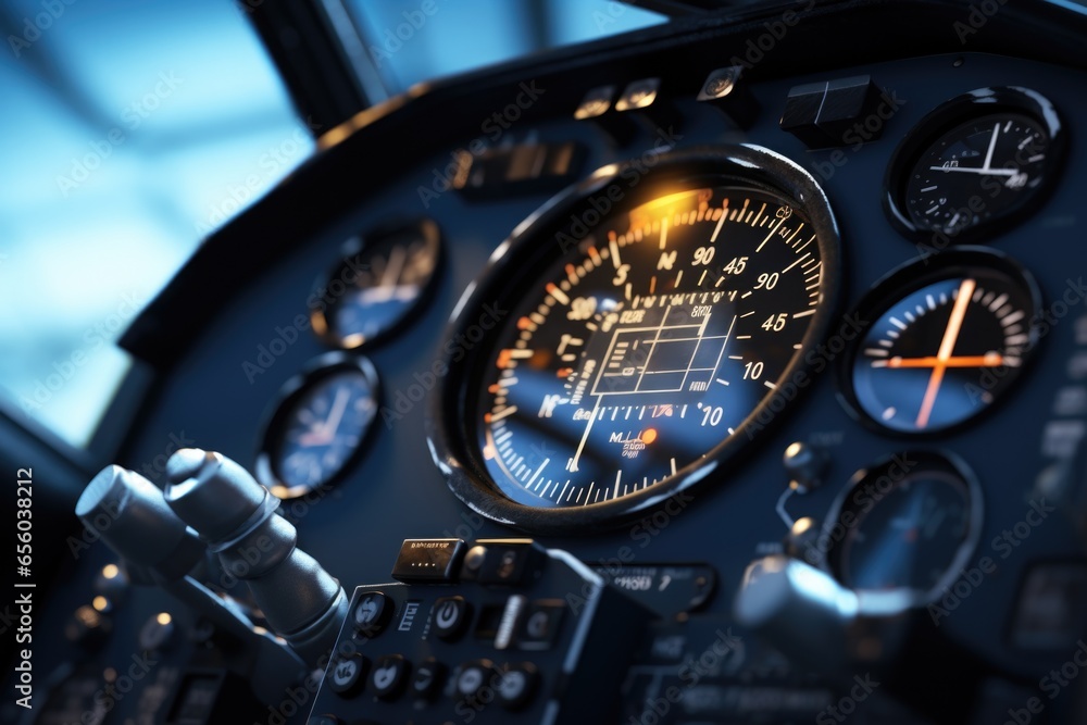 Poster a close up view of a plane's dashboard with various gauges. this image can be used to depict aviatio