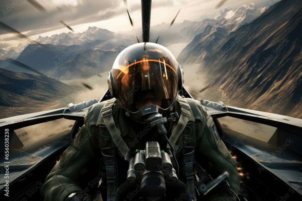 Poster a man in a military uniform is sitting in the cockpit of a fighter jet. this image can be used to de