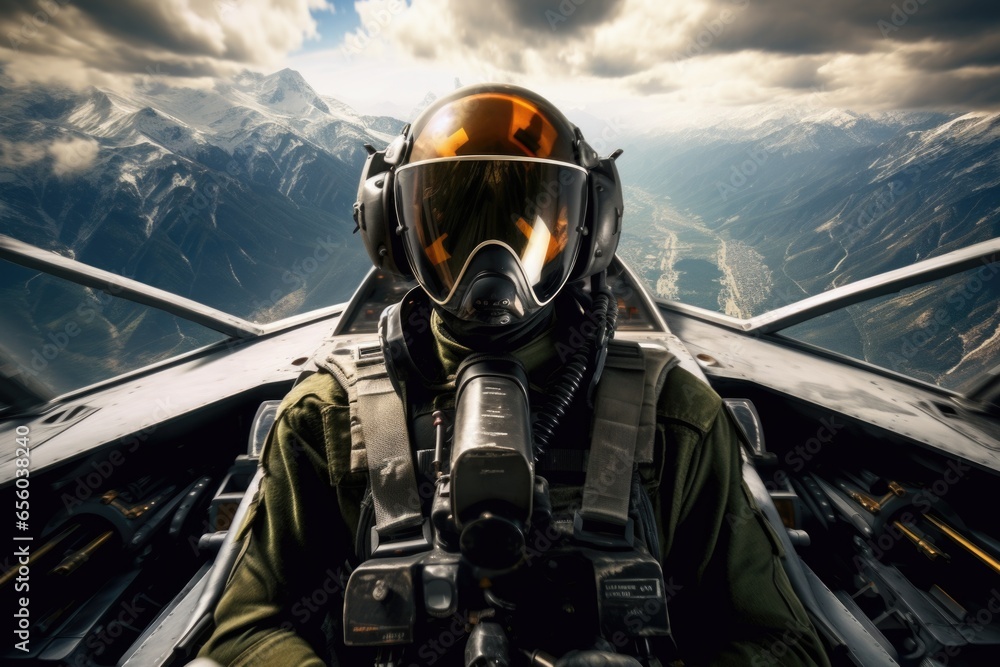 Aufkleber a picture of a man wearing a gas mask inside a fighter jet. this image can be used to represent them