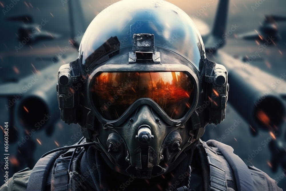 Aufkleber a man wearing a helmet and goggles stands confidently in front of powerful fighter jets. this image 