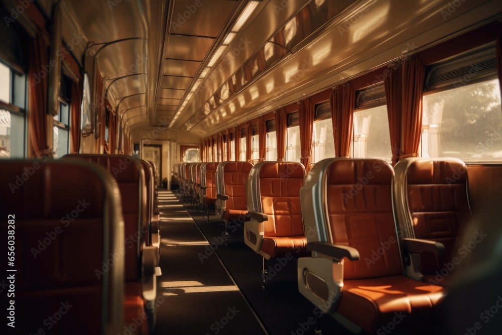 Poster A row of empty seats on a train. Perfect for illustrating public transportation or travel concepts.