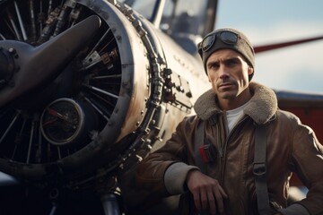 A man is seen standing next to an airplane with a propeller. This image can be used to depict aviation, travel, transportation, or adventure.
