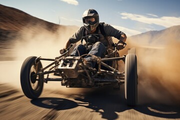 A man is seen riding a four-wheeled vehicle in the vast desert. This image can be used to depict adventure, outdoor activities, and exploration. It is suitable for travel brochures, websites, and maga